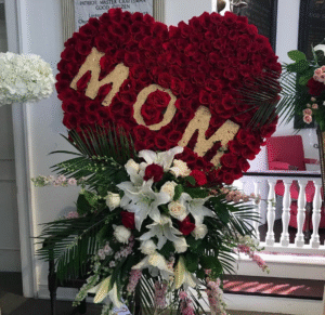 Red Rose Heart with White Lily Accents and Custom Tribute Text