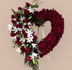 Red Rose Heart with White Lily Accents