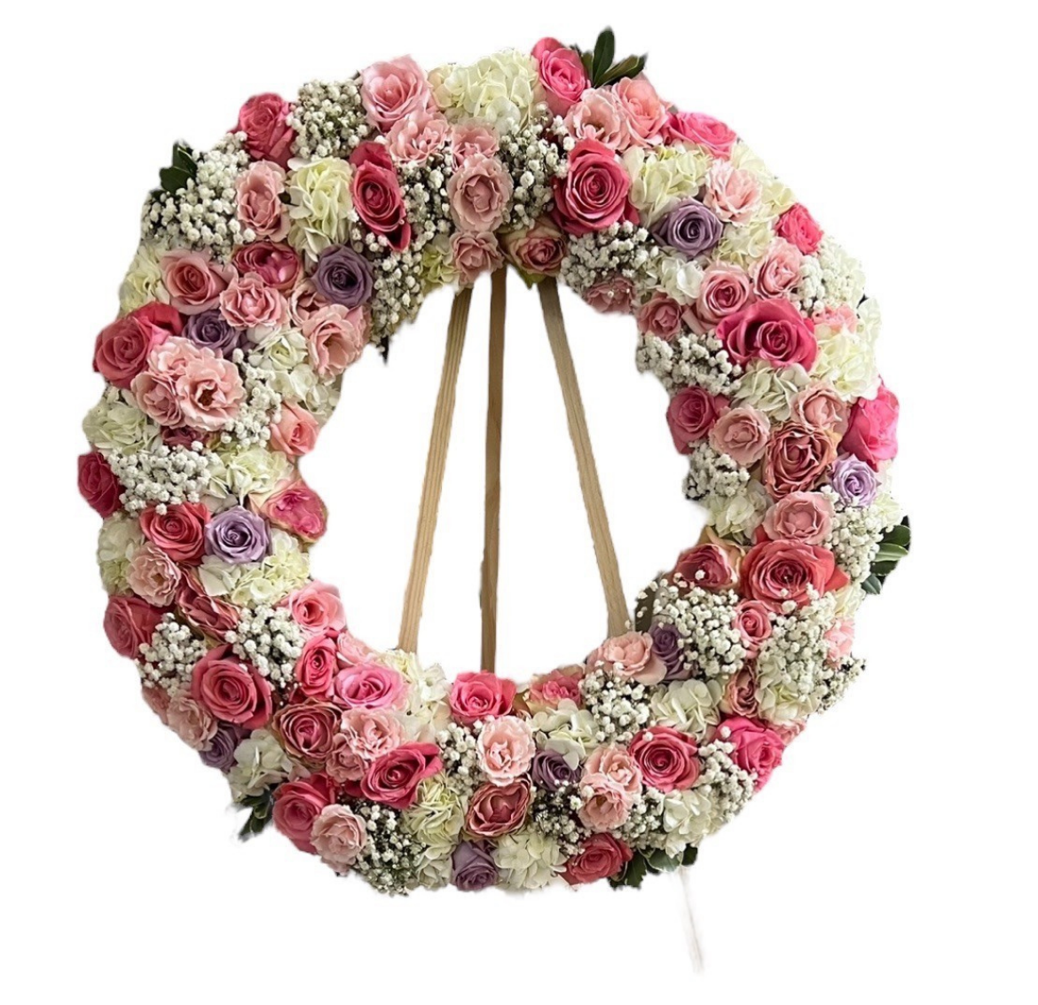 Pink, Lavender, and White Rose Wreath with Baby’s Breath Accents