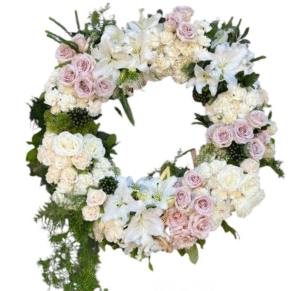 Blush Rose and White Lily Wreath with Green Accents
