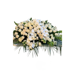 White Rose and Orchid Casket Spray with Palm Leaves
