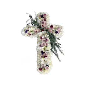 White Hydrangea Cross with Blush Roses and Eucalyptus Accents