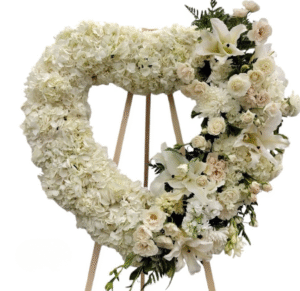 White Hydrangea Heart with Ivory Roses and Lily Accents