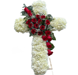White Hydrangea Cross with Red Rose Spray