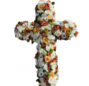 Fall-Inspired Cross with Orange, White, and Green Blooms
