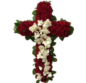 Red Rose Cross with Cascading White Orchids